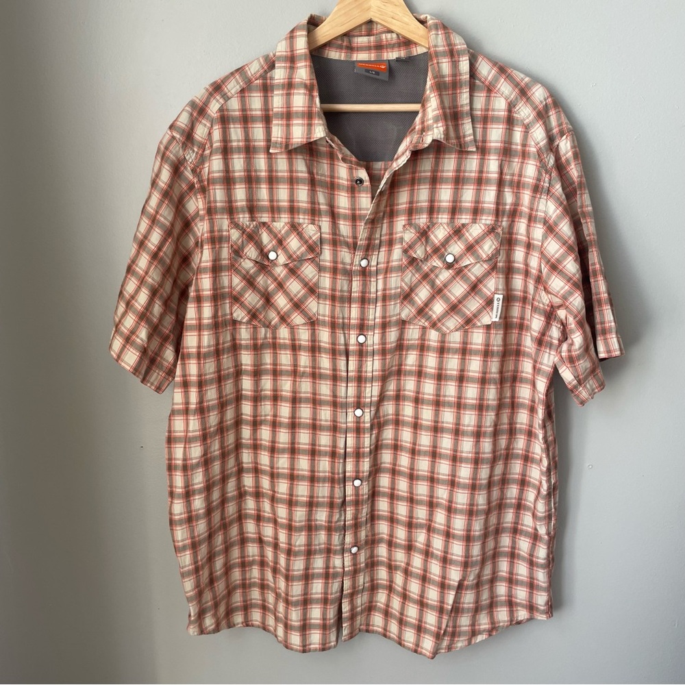 Merrell Short Sleeve Button Down Shirt Men's size large Red Gray Tan